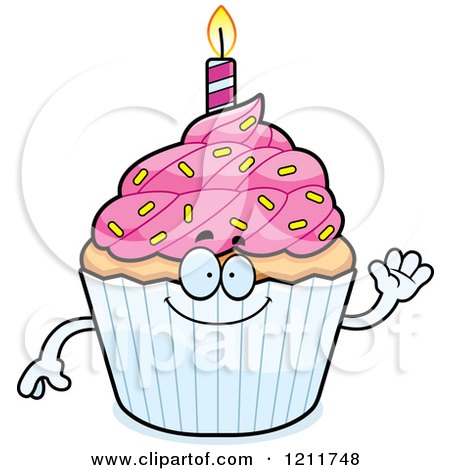 Cartoon of a Waving Birthday Cupcake Mascot - Royalty Free Vector Clipart by Cory Thoman