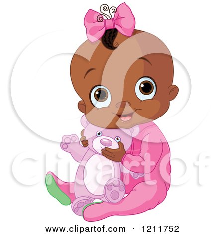 Cartoon Of A Cute African American Baby Girl Hugging A Teddy Bear - Royalty Free Vector Clipart by Pushkin