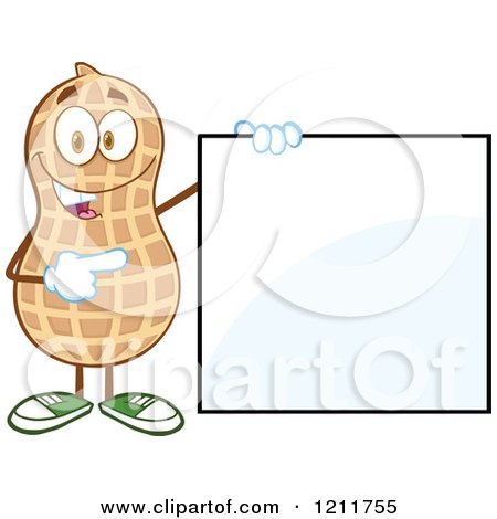 Cartoon of a Happy Peanut Mascot Holding and Pointing to a Sign - Royalty Free Vector Clipart by Hit Toon