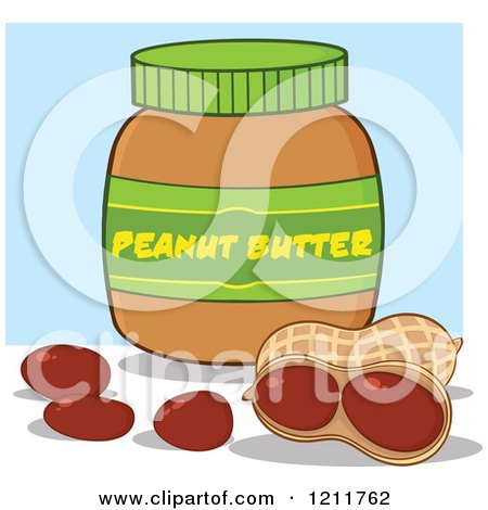 Cartoon of a Jar of Peanut Butter and Nuts over Blue - Royalty Free Vector Clipart by Hit Toon