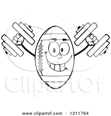 Cartoon of an Outlined American Football Mascot Working out with Two Dumbbells - Royalty Free Vector Clipart by Hit Toon