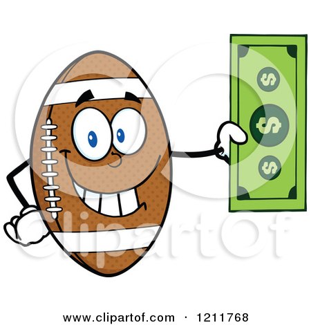 Cartoon of an American Football Mascot Holding a Dollar Bill - Royalty Free Vector Clipart by Hit Toon