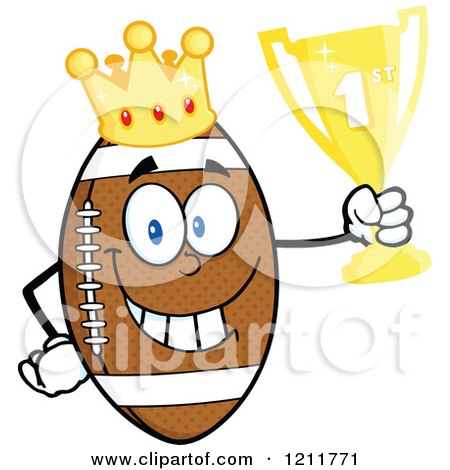 Cartoon of a Crowned American Football Mascot Holding a Trophy - Royalty Free Vector Clipart by Hit Toon