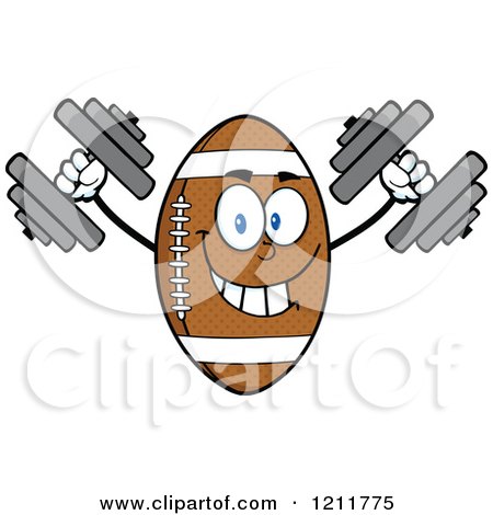 Cartoon of an American Football Mascot Working out with Two Dumbbells - Royalty Free Vector Clipart by Hit Toon