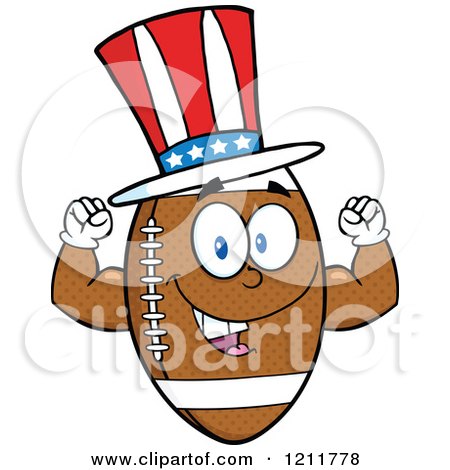 Cartoon of an American Football Mascot Flexing Wearing a Patriotic Hat - Royalty Free Vector Clipart by Hit Toon