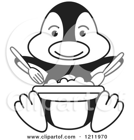 Clipart of a Black and White Happy Penguin Eating - Royalty Free Vector Illustration by Lal Perera