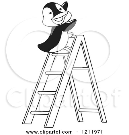 Clipart of a Black and White Happy Penguin on a Ladder - Royalty Free Vector Illustration by Lal Perera