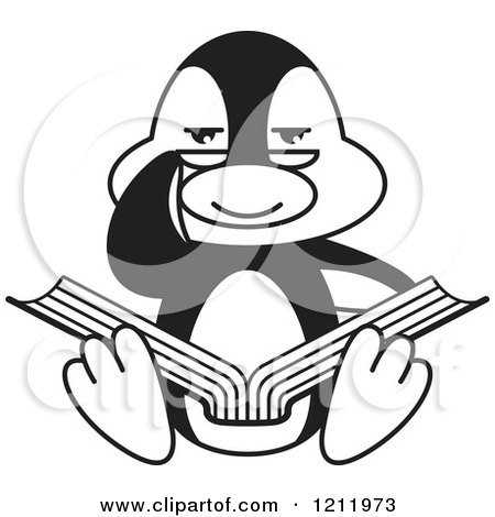 Clipart of a Black and White Happy Penguin Reading - Royalty Free Vector Illustration by Lal Perera