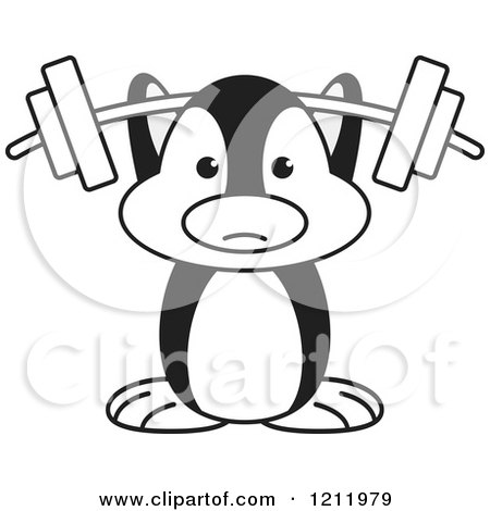 Clipart of a Black and White Happy Penguin Lifting a Barbell - Royalty Free Vector Illustration by Lal Perera