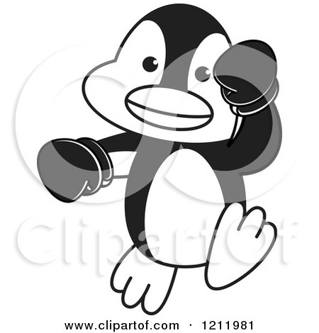 Clipart of a Black and White Happy Penguin Boxing - Royalty Free Vector Illustration by Lal Perera