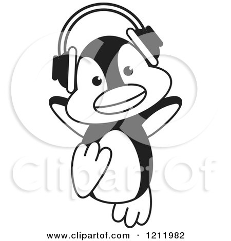 Clipart of a Black and White Happy Penguin Wearing Headphones - Royalty Free Vector Illustration by Lal Perera