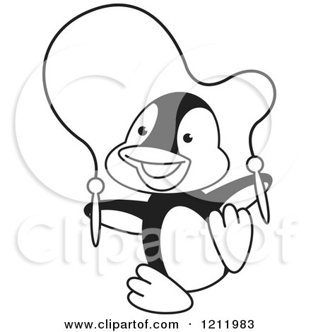 Clipart of a Black and White Happy Penguin Playing with a Jump Rope - Royalty Free Vector Illustration by Lal Perera