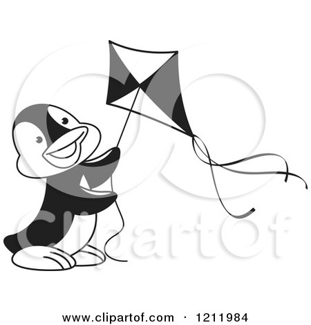 Clipart of a Black and White Happy Penguin Flying a Kite - Royalty Free Vector Illustration by Lal Perera