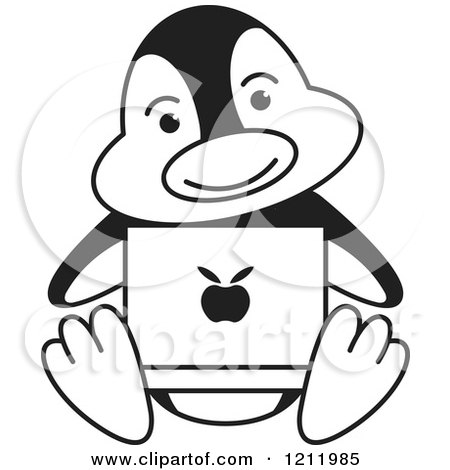 Clipart of a Black and White Happy Penguin Using a Laptop - Royalty Free Vector Illustration by Lal Perera
