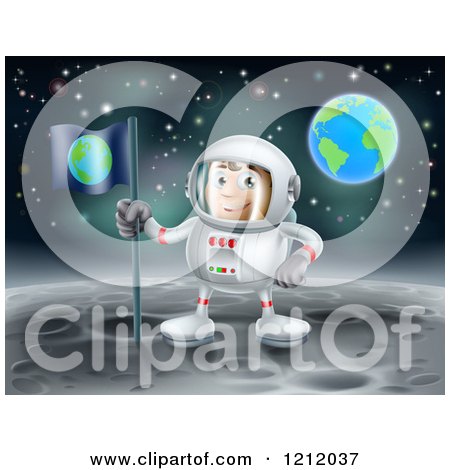 Cartoon of a Proud Astronaut Planting an Earth Flag on the Moon - Royalty Free Vector Clipart by AtStockIllustration
