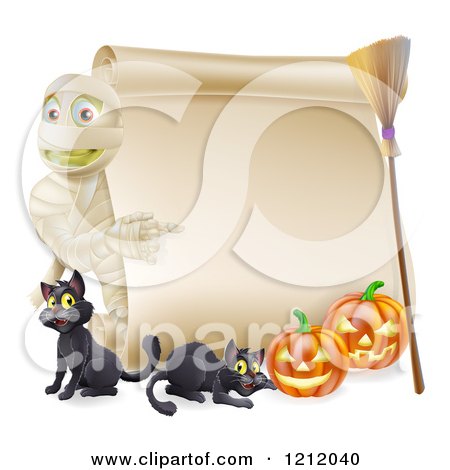 Cartoon of a Halloween Mummy Pointing to a Scroll Sign with Pumpkins Black Cats and a Broomstick - Royalty Free Vector Clipart by AtStockIllustration
