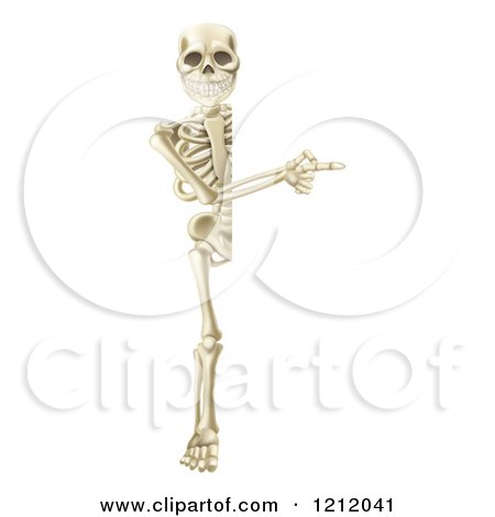 Cartoon of a Full Length Happy Human Skeleton Pointing to a Sign - Royalty Free Vector Clipart by AtStockIllustration