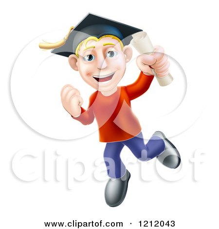 Cartoon of a Happy Blond Graduate Man Jumping with a Scroll in Hand - Royalty Free Vector Clipart by AtStockIllustration