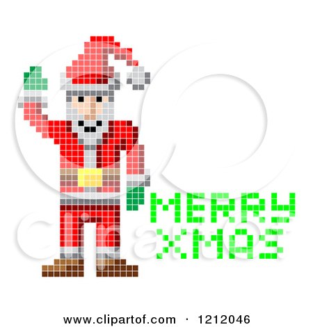Cartoon of a Retro Pixelated Santa and Green Merry Xmas Text - Royalty Free Vector Clipart by AtStockIllustration