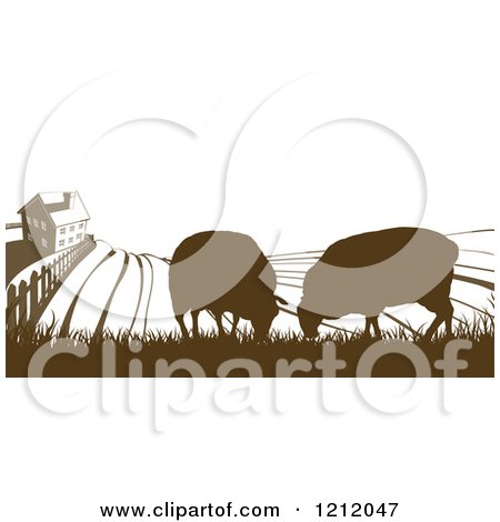 Clipart of a Brown Silhouetted Farm House with Sheep and Fields - Royalty Free Vector Illustration by AtStockIllustration