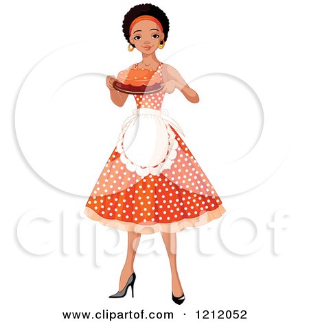 Cartoon of a Pretty Black African American Woman an Apron and Polka Dot Dress, Holding a Cake - Royalty Free Vector Clipart by Pushkin