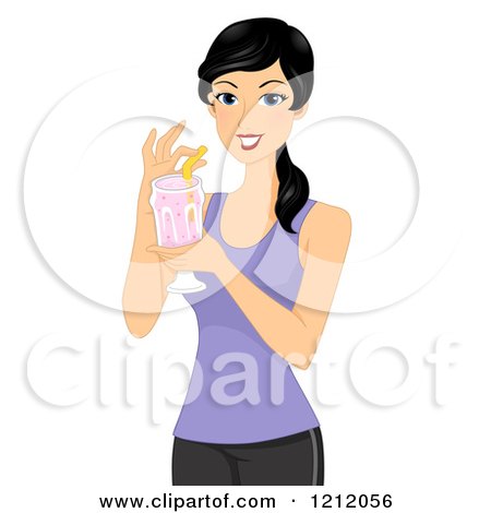 Cartoon of a Fit Black Haired Caucasian Woman Drinking a Protein Smoothie - Royalty Free Vector Clipart by BNP Design Studio