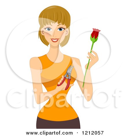 Cartoon of a Happy Caucasian Woman Holding a Rose Cutter and a Flower - Royalty Free Vector Clipart by BNP Design Studio