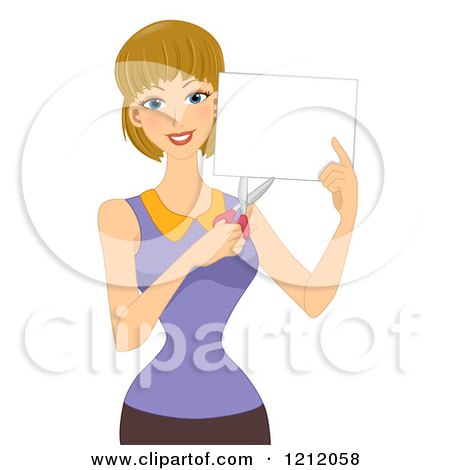 Cartoon of a Happy Caucasian Woman Holding Scossors and Craft Paper - Royalty Free Vector Clipart by BNP Design Studio