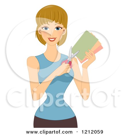 Cartoon of a Happy Caucasian Woman Holding Scissors and Colored Paper - Royalty Free Vector Clipart by BNP Design Studio
