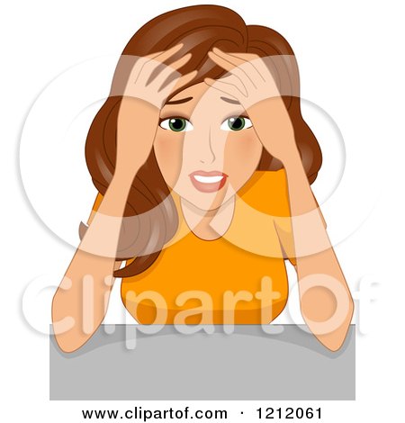 Cartoon of a Stressed Brunette Caucasian Woman Resting Her Forehead Against Her Hands - Royalty Free Vector Clipart by BNP Design Studio
