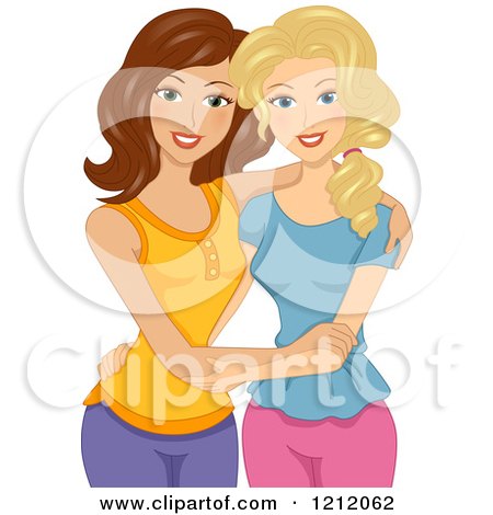 Cartoon of Brunette and Blond Caucasian Women Embracing - Royalty Free Vector Clipart by BNP Design Studio
