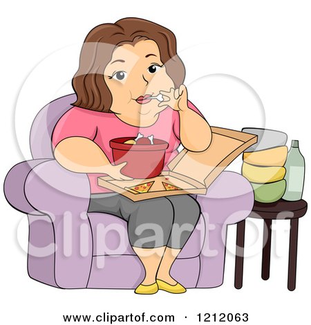 Cartoon of a Fat Woman Eating Chicken Drumsticks and Pizza - Royalty Free Vector Clipart by BNP Design Studio