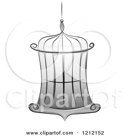 Cartoon of a Grayscale Whimsical Empty Bird Cage - Royalty Free Vector Clipart by BNP Design Studio