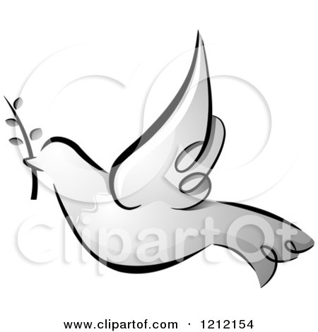 Cartoon of a Grayscale Whimsical Dove of Peace with an Olive Branch - Royalty Free Vector Clipart by BNP Design Studio