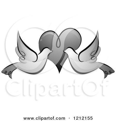 Cartoon of a Grayscale Whimsical Dove Couple over a Heart - Royalty Free Vector Clipart by BNP Design Studio