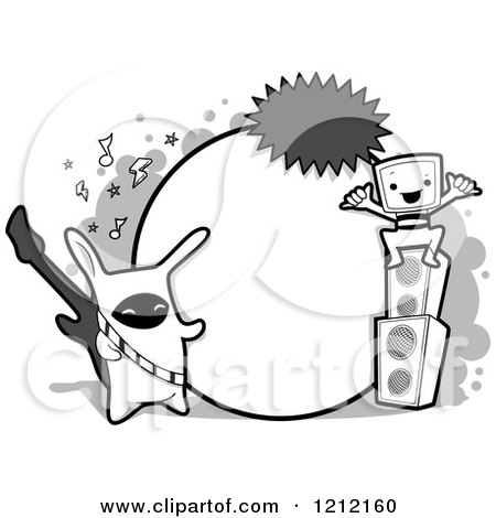 Cartoon of a Grayscale Doodled Frame with Music Monsters - Royalty Free Vector Clipart by BNP Design Studio