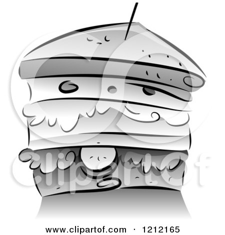 Cartoon of a Grayscale Stacked Sandwich - Royalty Free Vector Clipart by BNP Design Studio