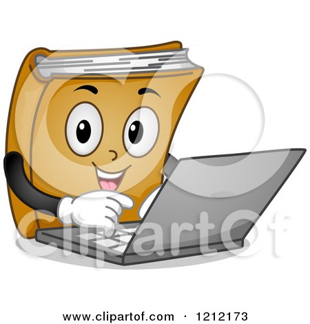 Cartoon of a Book Mascot Using a Laptop Computer - Royalty Free Vector Clipart by BNP Design Studio