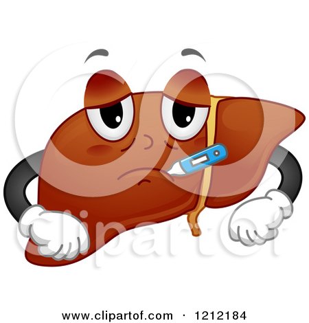 Cartoon of a Sick Liver Organ Mascot with a Thermometer - Royalty Free Vector Clipart by BNP Design Studio