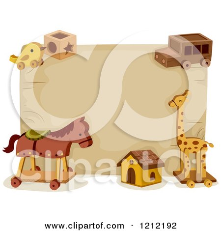 Cartoon of a Wood Sign and Wooden Toys with Text Space - Royalty Free Vector Clipart by BNP Design Studio