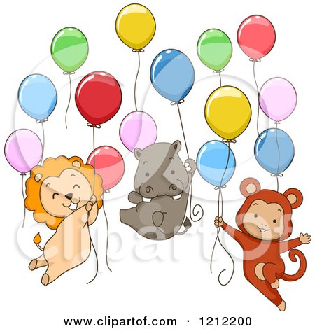 Cartoon of Cute Party Lion Hippo and Monkey Animals Floating with Balloons - Royalty Free Vector Clipart by BNP Design Studio