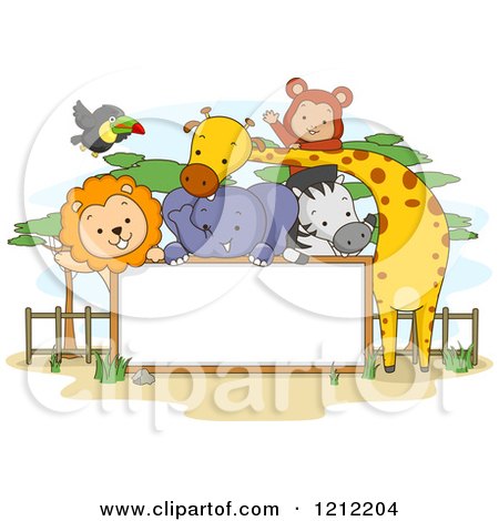 Cartoon of a Blank Sign with Zoo Animals - Royalty Free Vector Clipart by BNP Design Studio