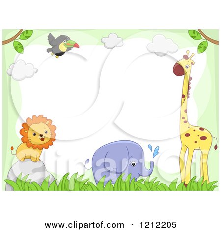 Cartoon of a Boder of a Toucan Giraffe Elephant and Lion with Grass - Royalty Free Vector Clipart by BNP Design Studio