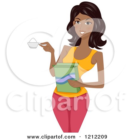 Cartoon of a Beautiful Black Woman Holding a Scoop of Laundry Detergent - Royalty Free Vector Clipart by BNP Design Studio