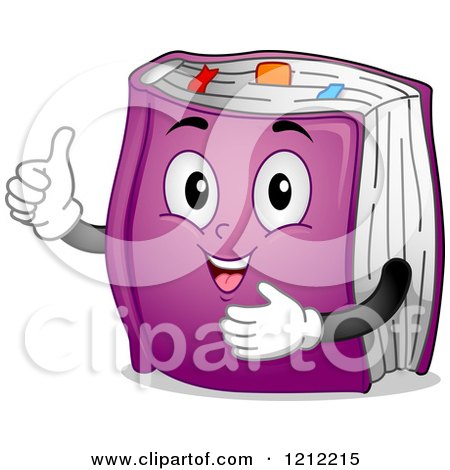 Cartoon of a Happy Thick Purple Book with Markers, Holding a Thumb up - Royalty Free Vector Clipart by BNP Design Studio