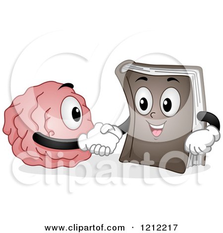 Cartoon of a Brain and Book Mascot Shaking Hands - Royalty Free Vector Clipart by BNP Design Studio