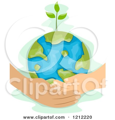Cartoon of a Man and Childs Hands Holding a Sprouting Earth Globe - Royalty Free Vector Clipart by BNP Design Studio