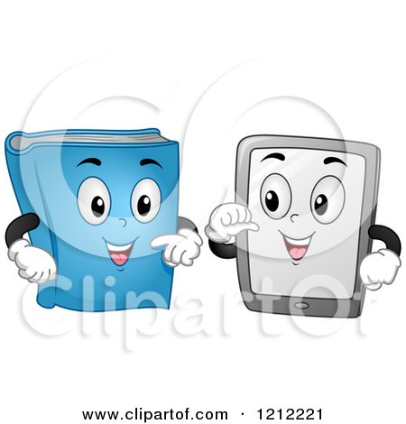 Cartoon of a Book and Computer Tablet Mascot Talking - Royalty Free Vector Clipart by BNP Design Studio