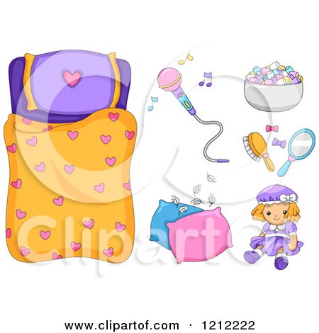 Cartoon of a Girls Heart Sleeping Bag and Slumber Party Items - Royalty Free Vector Clipart by BNP Design Studio