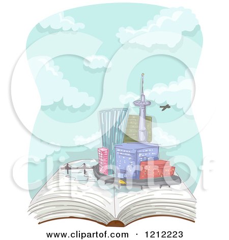 Cartoon of a Plane Flying over an Urban Cityscape on an Open Book - Royalty Free Vector Clipart by BNP Design Studio